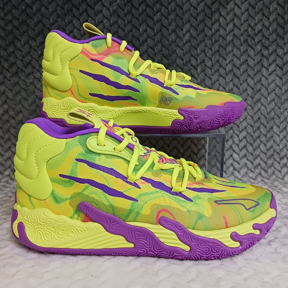 Puma LaMelo Ball MB.03 Spark Safety Yellow Purple Boys Basketball Shoes Size 6